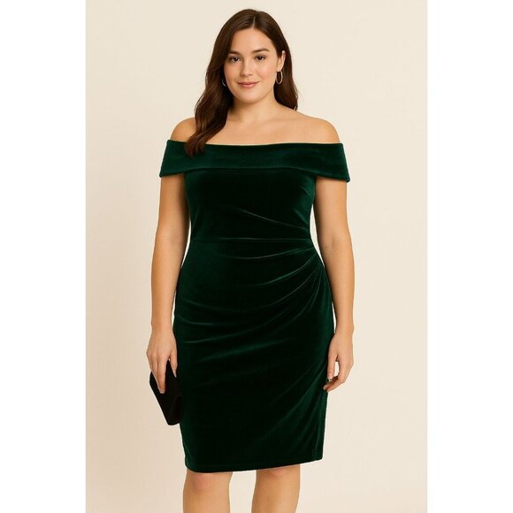 Vince Camuto Dresses & Skirts - Vince Camuto Off-The-Shoulder Green Velvet Cocktail Holiday Party Dress Size 14